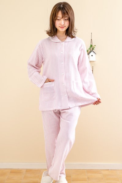 画像2: 軽くて柔らかい肌触りのやや薄いガーゼ楊柳ストライプ パジャマ レディース 長袖 初夏・夏・初秋向き S/M/L/LL/3L ナイトウェア ルームウェア 入院準備  (2)
