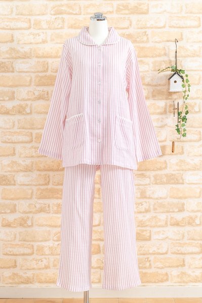 画像7: 軽くて柔らかい肌触りのやや薄いガーゼ楊柳ストライプ パジャマ レディース 長袖 初夏・夏・初秋向き S/M/L/LL/3L ナイトウェア ルームウェア 入院準備  (7)