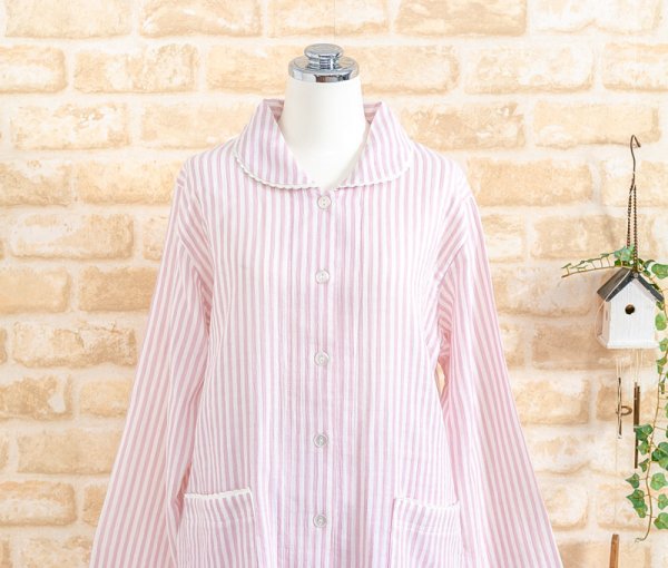 画像9: 軽くて柔らかい肌触りのやや薄いガーゼ楊柳ストライプ パジャマ レディース 長袖 初夏・夏・初秋向き S/M/L/LL/3L ナイトウェア ルームウェア 入院準備  (9)