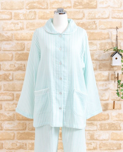 画像6: 軽くて柔らかい肌触りのやや薄いガーゼ楊柳ストライプ パジャマ レディース 長袖 初夏・夏・初秋向き S/M/L/LL/3L ナイトウェア ルームウェア 入院準備  (6)