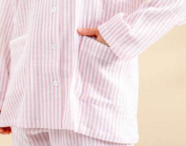 画像4: 軽くて柔らかい肌触りのやや薄いガーゼ楊柳ストライプ パジャマ レディース 長袖 初夏・夏・初秋向き S/M/L/LL/3L ナイトウェア ルームウェア 入院準備  (4)