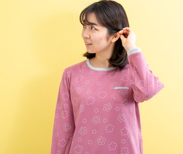 画像6: 肌にやさしい綿100％なめらかな肌触りのニット地パジャマ レディースかぶり 幾何フラワー 長袖 春秋 ナイトウェア ルームウェア S/M/L/LL/3L (6)