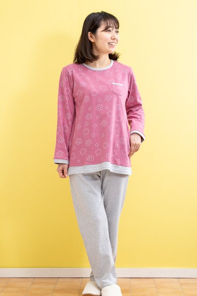 画像4: 肌にやさしい綿100％なめらかな肌触りのニット地パジャマ レディースかぶり 幾何フラワー 長袖 春秋 ナイトウェア ルームウェア S/M/L/LL/3L (4)