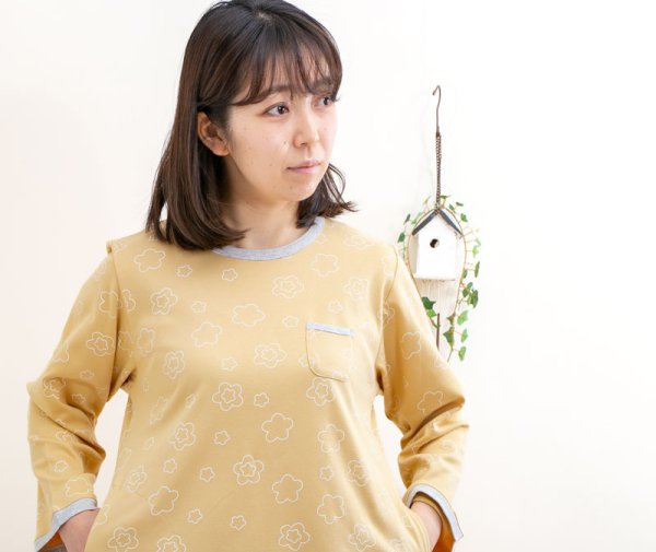 画像5: 肌にやさしい綿100％なめらかな肌触りのニット地パジャマ レディースかぶり 幾何フラワー 長袖 春秋 ナイトウェア ルームウェア S/M/L/LL/3L (5)