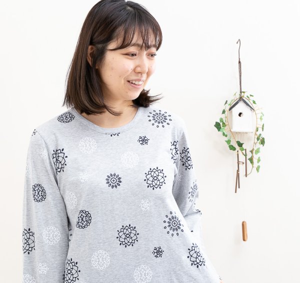 画像5: パジャマ レディース 春秋 長袖 肌に優しい綿100% かぶりタイプ やや薄いニット地幾何柄 ナイトウェア ルームウェア 部屋着 母の日ギフト S/M/L/LL/3L (5)