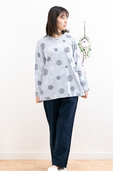 画像3: パジャマ レディース 春秋 長袖 肌に優しい綿100% かぶりタイプ やや薄いニット地幾何柄 ナイトウェア ルームウェア 部屋着 母の日ギフト S/M/L/LL/3L (3)