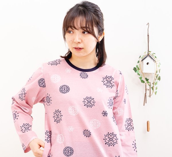 画像6: パジャマ レディース 春秋 長袖 肌に優しい綿100% かぶりタイプ やや薄いニット地幾何柄 ナイトウェア ルームウェア 部屋着 母の日ギフト S/M/L/LL/3L (6)