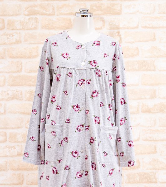 画像6: 肌に優しい綿100％ やや薄い天竺ニット地ローズ ワンピース  ネグリジェ  春秋 前開き 長袖 パジャマ レディース 入院準備 マタニティパジャマに最適 ナイトウェア ルームウェア 部屋着 バラ 薔薇【3Lサイズ】あり (6)