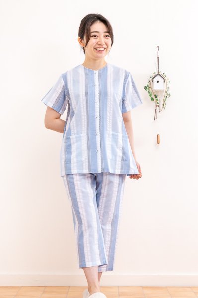 画像4: パジャマ レデイース 半袖 8分パンツ 夏 前開き 肌に優しい綿100% サラッとして涼しいサッカー素材 母の日 入院準備 ナイトウェア ルームウェア M/L/LL/3L (4)