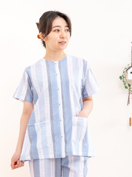 画像2: パジャマ レデイース 半袖 8分パンツ 夏 前開き 肌に優しい綿100% サラッとして涼しいサッカー素材 母の日 入院準備 ナイトウェア ルームウェア M/L/LL/3L (2)