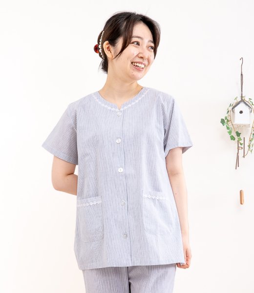 画像2: 肌に優しい綿100％サラッとした肌触りのリップル加工ストライプ パジャマ レディース 夏 前開き 半袖 八分パンツ 母の日 入院準備 S/M/L/LL/3L/4L (2)