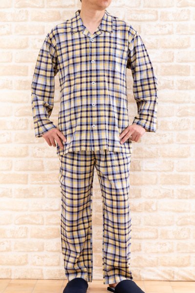 画像2: パジャマ メンズ 長袖 前開き 春夏 肌に優しい綿100%サラサラして軽くて涼しいソフトコットン生地チェック　 ナイトウェア  S/M/L/LL/3L 入院準備 父の日 (2)
