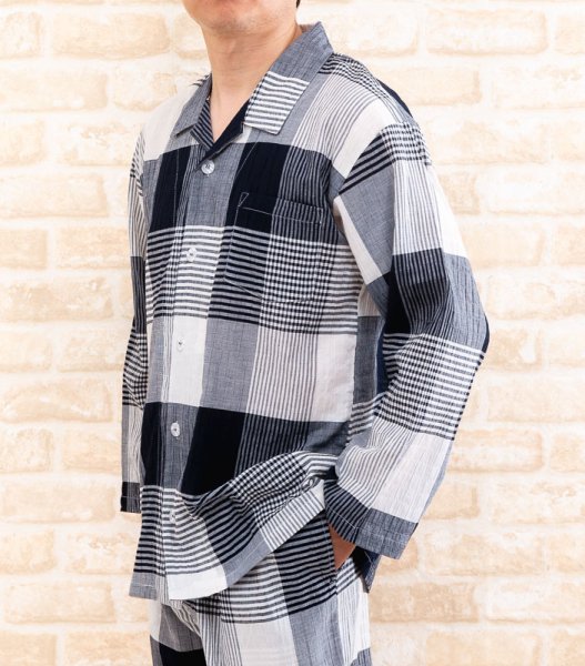 画像3: パジャマ メンズ 夏 長袖 前開き  肌に優しい綿100%サラサラして涼しい楊柳生地 ナイトウェア ルームウェア S/M/L/LL/3L/4L 入院準備 父の日 (3)