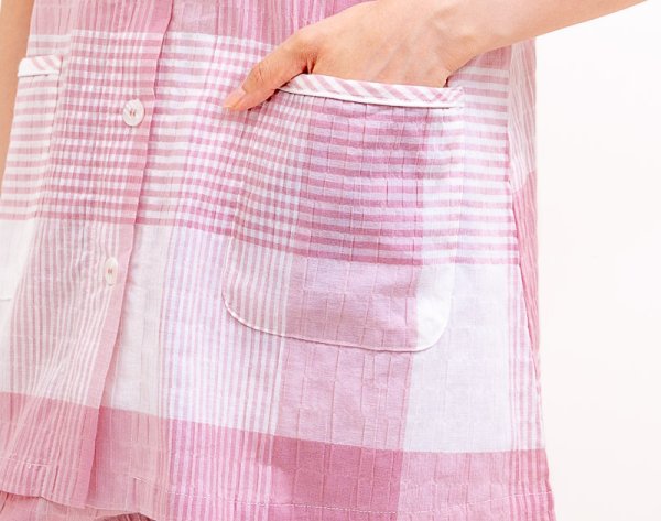 画像8: パジャマ レディース 夏 半袖 8分パンツ 前開 肌にやさやさしく涼しい綿100％楊柳チェック ナイトウェア ルームウェア 部屋着 【Sサイズ】【LLサイズ】【3Lサイズ】 (8)