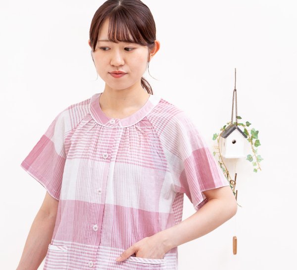 画像6: パジャマ レディース 夏 半袖 8分パンツ 前開 肌にやさやさしく涼しい綿100％楊柳チェック ナイトウェア ルームウェア 部屋着 【Sサイズ】【LLサイズ】【3Lサイズ】 (6)