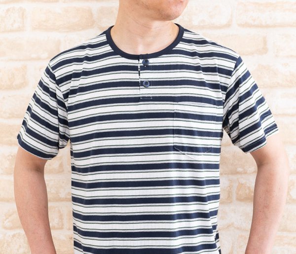 画像5: 父の日 メンズ パジャマ  天竺ボーダー 半袖 かぶりヘンリーネックボタン　ハーフパンツ 紳士 ルームウェア 部屋着 M/L/LLあり (5)