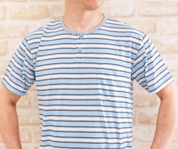 画像6: 父の日 メンズ パジャマ  天竺ボーダー 半袖 かぶりヘンリーネックボタン　ハーフパンツ 紳士 ルームウェア 部屋着 M/L/LLあり (6)