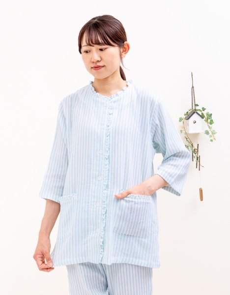 画像6: パジャマ レディース 肌に優しい綿100％柔らかい肌触りの楊柳ダブルガーゼ  春夏 前開き 七分袖八分パンツ S/M/L/LL/3L ナイトウェア 入院準備 母の日 敬老の日  (6)