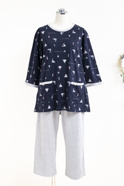 画像6: 肌にやさしい綿100％天竺ニット地ヨットに犬柄　パジャマ レディース　かぶりタイプ　7分袖8分パンツ　初夏・盛夏向き　S/M/L/LL　ルームウェア　ナイトウェア　 (6)