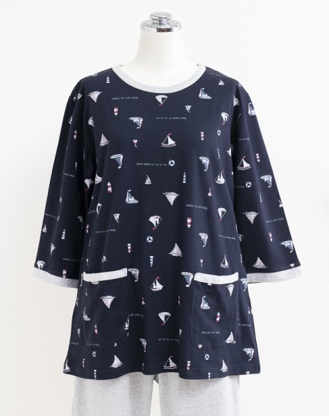 画像5: 肌にやさしい綿100％天竺ニット地ヨットに犬柄　パジャマ レディース　かぶりタイプ　7分袖8分パンツ　初夏・盛夏向き　S/M/L/LL　ルームウェア　ナイトウェア　 (5)
