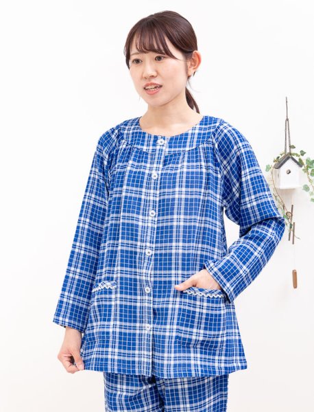 画像2: 軽くて柔らかい肌触りのやや薄いガーゼ楊柳チェック パジャマ レディース 長袖 初夏・夏・初秋向き S/M/L/LL/3L ナイトウェア ルームウェア 入院準備  (2)