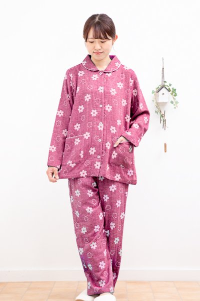 画像5: パジャマ レディース 綿100％肌にやさしいダブルガーゼ  前開き 長袖  ナイトウェア ルームウェア 入院準備 母の日 敬老の日 S/M/L/LL/3L (5)