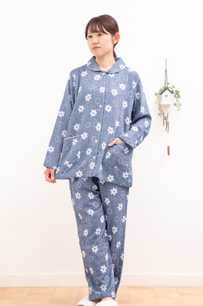 画像4: パジャマ レディース 綿100％肌にやさしいダブルガーゼ  前開き 長袖  ナイトウェア ルームウェア 入院準備 母の日 敬老の日 S/M/L/LL/3L (4)