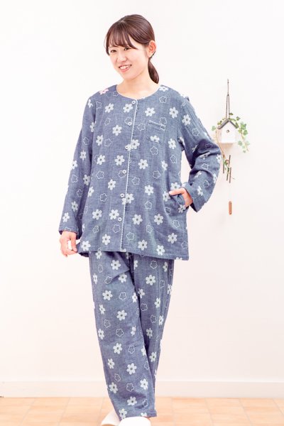 画像4: パジャマ レディース 綿100％肌にやさしいダブルガーゼ  前開き 長袖  ナイトウェア ルームウェア 入院準備 母の日 敬老の日 S/M/L/LL/3L (4)