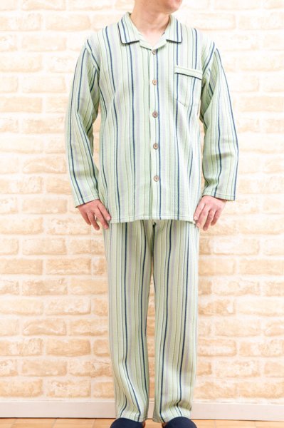 画像4: パジャマ メンズ 冬 肌に優しい綿100％中わた ニットキルト地カラーストライプ 前開き長袖 冬向き  S/M/L/LL (4)