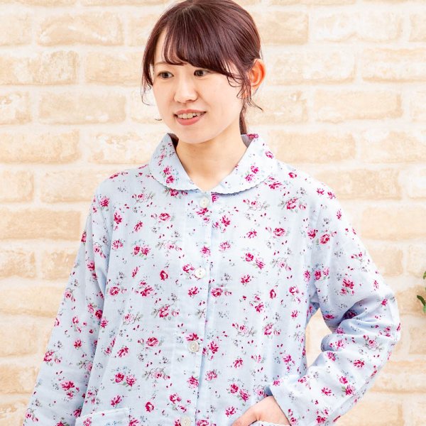 画像5: パジャマ レディース 綿100％肌にやさしいダブルガーゼ  前開き 長袖  バラ柄 ナイトウェア ルームウェア 入院準備 母の日 敬老の日 S/M/L/LL/3L (5)