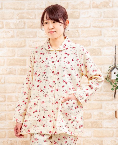 画像2: パジャマ レディース 綿100％肌にやさしいダブルガーゼ  前開き 長袖  バラ柄 ナイトウェア ルームウェア 入院準備 母の日 敬老の日 S/M/L/LL/3L (2)