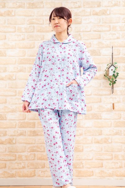 画像3: パジャマ レディース 綿100％肌にやさしいダブルガーゼ  前開き 長袖  バラ柄 ナイトウェア ルームウェア 入院準備 母の日 敬老の日 S/M/L/LL/3L (3)