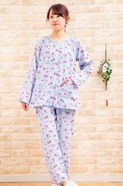 画像3: パジャマ レディース 綿100％肌にやさしいダブルガーゼ  前開き 長袖  バラ柄 ナイトウェア ルームウェア 入院準備 母の日 敬老の日 S/M/L/LL/3L (3)