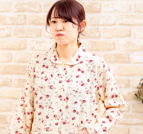 画像6: パジャマ レディース 綿100％肌にやさしいダブルガーゼ  前開き 長袖  バラ柄 ナイトウェア ルームウェア 入院準備 母の日 敬老の日 S/M/L/LL/3L (6)