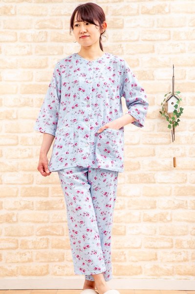 画像4: 綿100％ガーゼ パジャマ レディース 七分袖九分パンツ 前開き 肌に優しい綿100％ダブルガーゼ地を使用 ナイトウェア 入院準備 母の日 敬老の日S/M/L/LL/3L　 (4)