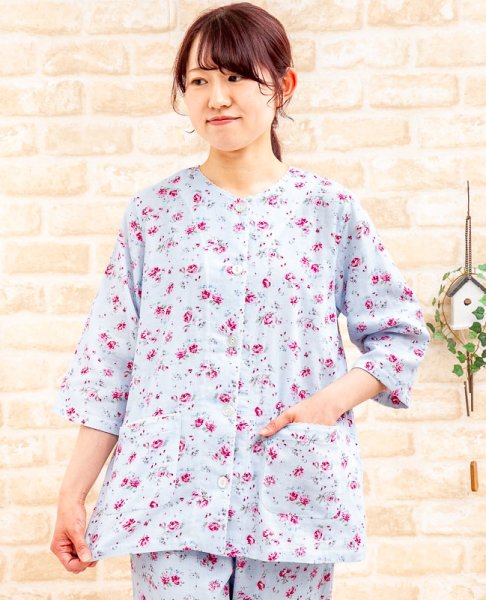 画像2: 綿100％ガーゼ パジャマ レディース 七分袖九分パンツ 前開き 肌に優しい綿100％ダブルガーゼ地を使用 ナイトウェア 入院準備 母の日 敬老の日S/M/L/LL/3L　 (2)