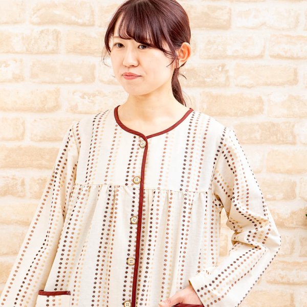 画像3: メール便可 ワンピース 前開き 綿100％先染ストライプドット 長袖 春・秋向き ネグリジェ 入院準備 マタニティパジャマに最適 パジャマ ナイトウェア ルームウェア (3)