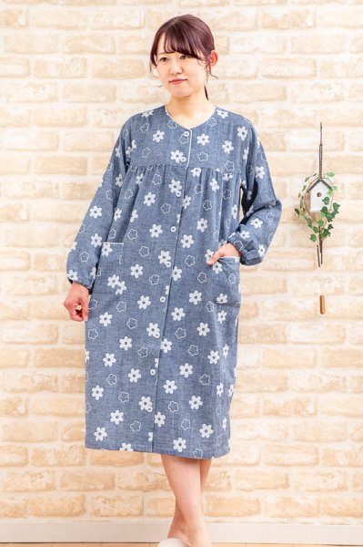 画像2: ワンピース ダブルガーゼ  肌にやさしい綿100％ 長袖 前開き パジャマ レディース ナイトウェア ルームウェア ネグリジェ マタ二テ 出産入院準備 M-L/L-LL/3L/4L (2)