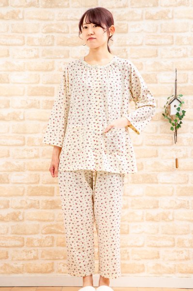 画像4: 肌にやさしい綿100％ パジャマレディース 春夏 七分袖八分パンツ 前開き やや薄い天竺ニット小花柄 ナイトウェア ルームウェア 母の日ギフト 部屋着 S/M/L/LL/3L (4)