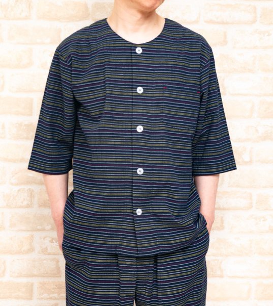 画像1: パジャマ メンズ 夏 前開き七分袖 八分パンツ 肌にやさしい綿100%サラッとして涼しい先染め楊柳生地カラーペンシルボーダーパンツは前開き M/L/LL/3Lサイズ展開 (1)