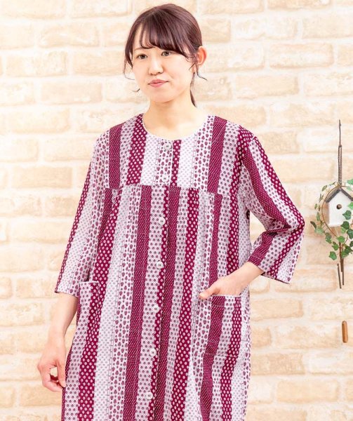 画像4: 肌にやさしい綿100％　サラサラして涼しいソフトコットン地　七分袖ワンピース 前開き　ネグリジェ　M〜L L〜LL 3L　ルームウェア ネグリジェ パジャマ (4)