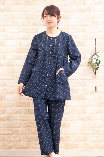 画像2: 母の日ギフト無料ラッピング パジャマ レディース 春秋 前開き 長袖 肌にやさしい綿100%ダブルガーゼドット 部屋着 ルームウェア ナイトウェア  S/M/L/LL/3L 入院準備 母の日ギフト (2)
