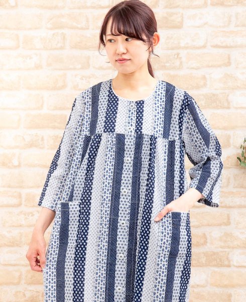 画像3: 肌にやさしい綿100％　サラサラして涼しいソフトコットン地　七分袖ワンピース 前開き　ネグリジェ　M〜L L〜LL 3L　ルームウェア ネグリジェ パジャマ (3)