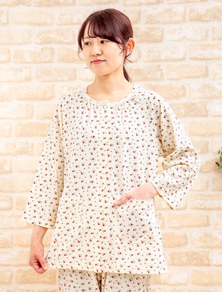 画像2: 肌にやさしい綿100％ パジャマレディース 春夏 七分袖八分パンツ 前開き やや薄い天竺ニット小花柄 ナイトウェア ルームウェア 母の日ギフト 部屋着 S/M/L/LL/3L (2)