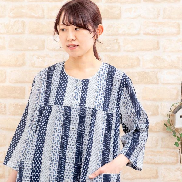 画像5: 肌にやさしい綿100％　サラサラして涼しいソフトコットン地　七分袖ワンピース 前開き　ネグリジェ　M〜L L〜LL 3L　ルームウェア ネグリジェ パジャマ (5)