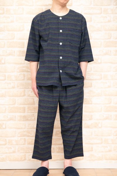 画像2: パジャマ メンズ 夏 前開き七分袖 八分パンツ 肌にやさしい綿100%サラッとして涼しい先染め楊柳生地カラーペンシルボーダーパンツは前開き M/L/LL/3Lサイズ展開 (2)