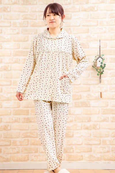 画像4: 肌にやさしい綿100% パジャマ レディース やや薄い天竺ニット地小花柄 長袖 前開き 春 初秋向き S/M/L/LL/3L ナイトウェア ルームウェア 部屋着 入院準備 (4)