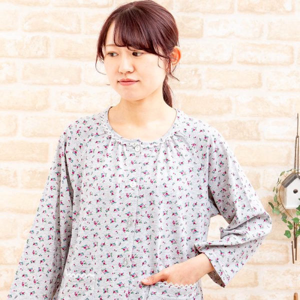 画像5: 肌にやさしい綿100％ パジャマレディース 春夏 七分袖八分パンツ 前開き やや薄い天竺ニット小花柄 ナイトウェア ルームウェア 母の日ギフト 部屋着 S/M/L/LL/3L (5)