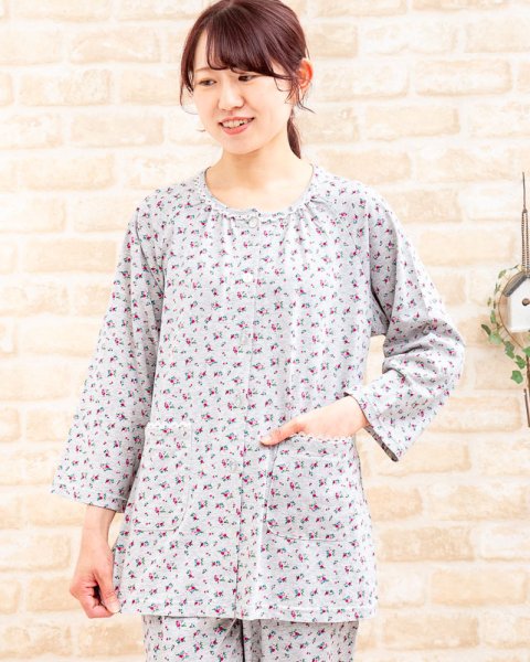 画像1: 肌にやさしい綿100％ パジャマレディース 春夏 七分袖八分パンツ 前開き やや薄い天竺ニット小花柄 ナイトウェア ルームウェア 母の日ギフト 部屋着 S/M/L/LL/3L (1)