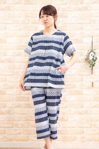 画像3: パジャマ レディース  前開き 半袖 8分パンツ 夏  軽くてサラサラして涼しい綿100% カラーボーダー生地 ナイトウェア ルームウェア 入院準備 母の日M/L/LL/3L (3)
